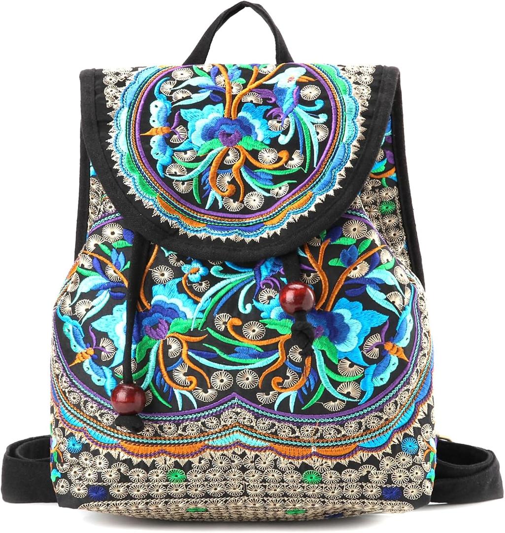 Goodhan Vintage Embroidered Backpack Purses for Women - Boho Shoulder Bag for Travel,Ethnic Floral Mini Back Pack,Lightweight Handbags for Daily Use (Blue)