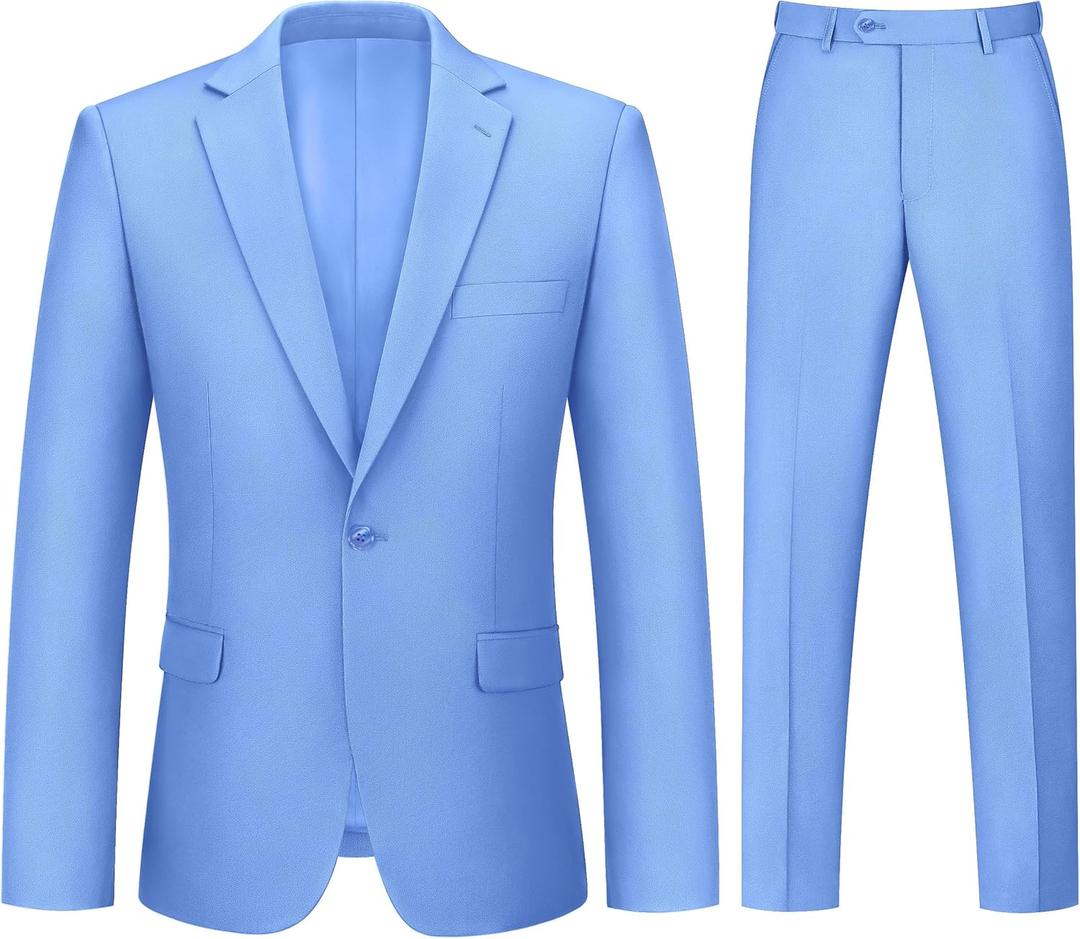 Mens Suit 2 Piece Suits for Men One Button Slim Fit Solid Jacket & Pants Tuxedo Set Business Wedding Party (Blue, L)