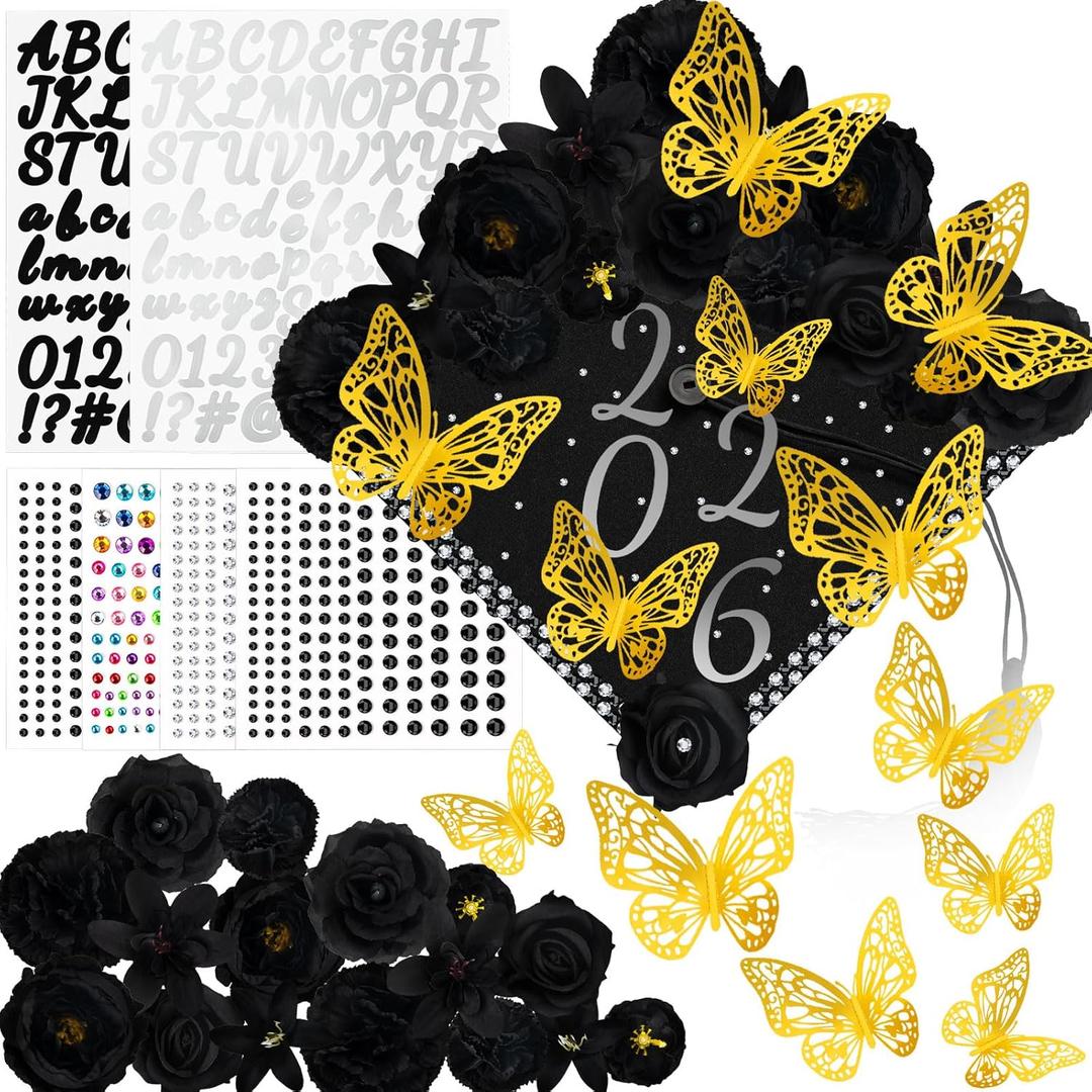 34 Pcs Graduation Cap Decorations Kits Faux Flower 3D Butterfly Rhinestones Glitter Alphabet Letter Sticker Black Flower DIY Graduation Cap Decorations for Grad Cap Topper Graduation Party DIY Crafts