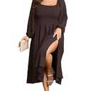SCOMCHIC Women's Plus Size Fall Dresses Long Sleeve Square Neck Smocked Flowy A-Line Formal Wedding Guest Maxi Dress Brown, Size 3XL