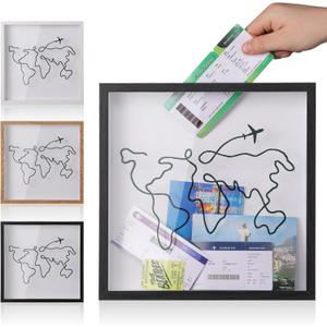 Travel Adventure Archive Shadow Box for Memories,8&12Inch Concert Travel Ticket Stub Memory Top Loading Shadow Keepsake Box with Slot On Top,Life in a Shadow Box Travel Frame (Black, 12x12)