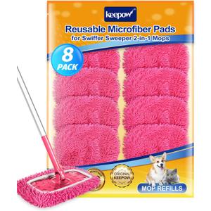 Keepow 8 Pack Reusable Mop Pads Compatible with Swiffer Sweeper, Chenille Mop Refill Pads, Dry & Wet Mopping Cloths for Floor Cleaning -Pink