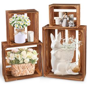 4 Pieces Decorative Wood Crates for Party Display, Large Rustic Farmhouse Wooden Nesting Storage Crates with Handles for Wedding Birthday Home Party Decoration