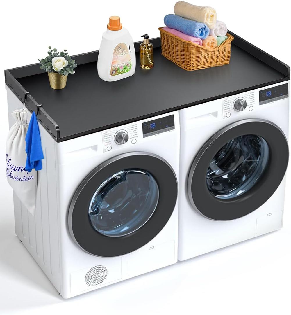 VEVOR Washer Dryer Countertop, 54" x 27" Wooden Washer and Dryer Countertop with 2 Hooks, Washer and Dryer Covers for The Top with Anti-Slip Pads, for Laundry Room Organization and Storage, Black (Unspliced Panel)