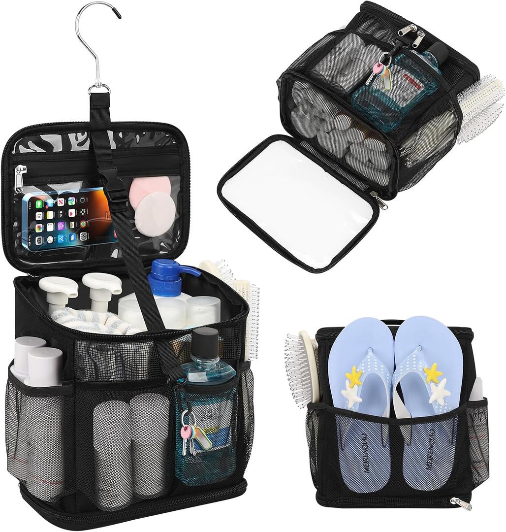 CUBETASTIC Shower Caddy Portable Mesh Shower Tote for Bathroom, Gym, Travel, Camping - Quick Dry Hanging Organizer Toiletry Bag with Handle for College Dorm Room, Men & Women A# Black, Standard