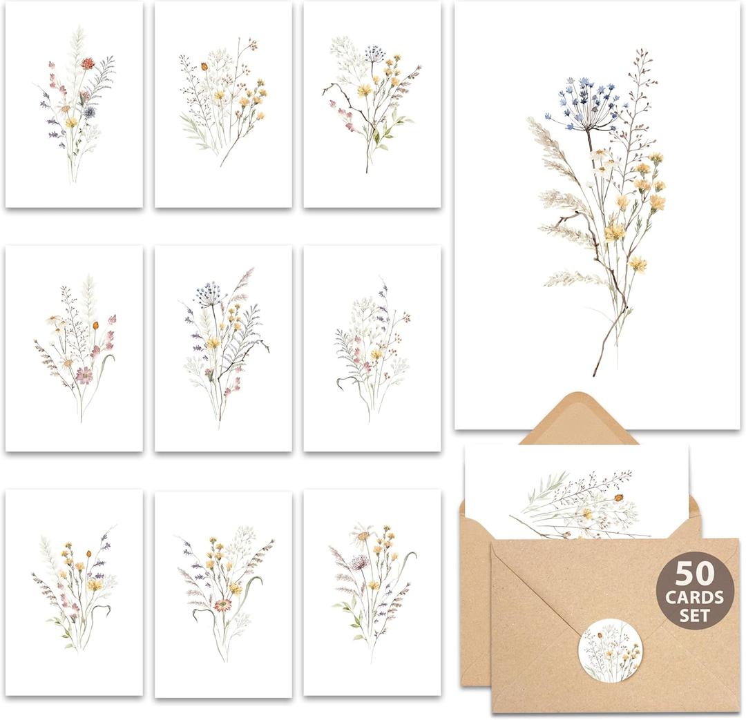 AUDREE 50 Set Blank Cards and Envelopes 3.5x5 - Watercolor Wildflowers Blank Greeting Cards with Adhesive Envelopes and Matching Sticker - Blank Note Cards for All Occasions