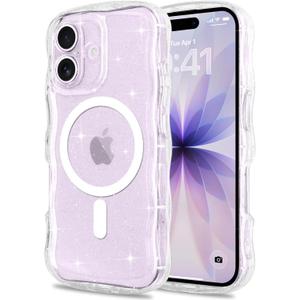 Pepmune for iPhone 17 Case Clear [Compatible with Magsafe] Bling Sparkle Glitter Magnetic Cover,Soft TPU Curly Wavy Frame & Hard PC Back,Slim Shockproof Wave Phone Case for Women Girls-Mag Clear