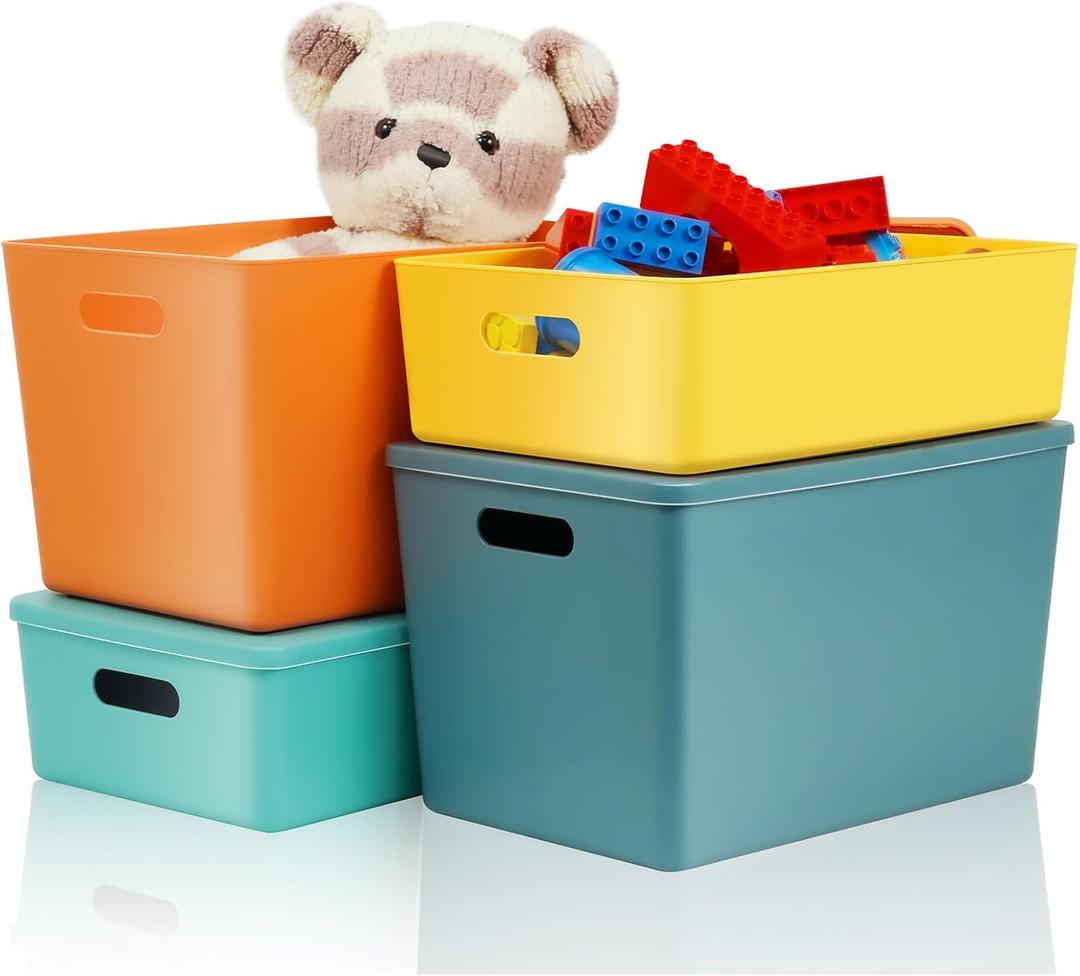 4 PCS Colorful Storage Bins with Lid, Stackable Classroom Storage Bins for Teachers, Toys Craft Organizers and Storage with Handle for Shelves, Cube Storage Bin for Nursery, Kids Room, Office