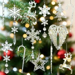 20Pcs Christmas Tree Decorations Crystal Ornaments, Snowflake Angel Wings Icicle Hanging Ornaments for Xmas Tree, Clear Acrylic Ornaments for Christmas Winter Holiday Decor