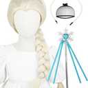 Kids Blonde Princess Wig + Crown Headband + Magic Wand + Wig Cap, Long Platinum Blonde Braided Wigs 23'' Synthetic Hair for Toddler Girls Child Halloween Costumes