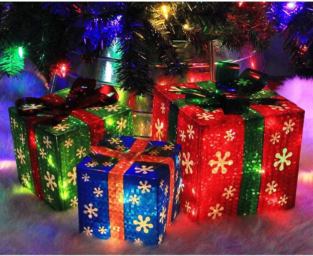 ATDAWN Set of 3 Lighted Gift Boxes Christmas Decorations, Red Green and Blue Present Boxes, Christmas Home Gift Box Decor