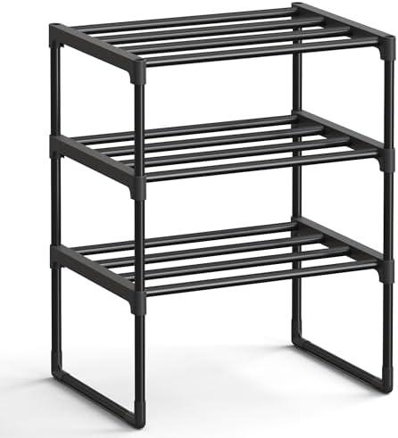 SONGMICS Shoe Rack, 3-Tier Shoe Organizer, Metal Storage Shelf, Upright or Upside Down, for 4-8 Pairs, Stackable, for Entryway, 11.8 x 16.7 x 21.5 Inches, Black ULSA003B01