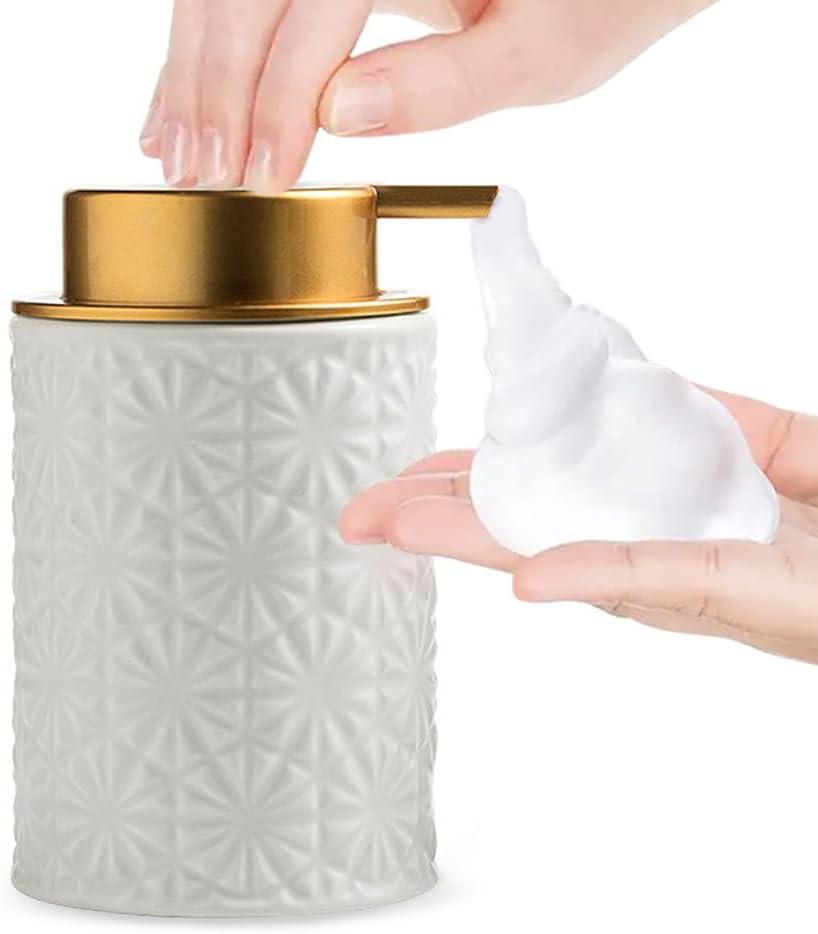 Elegant Foaming Soap Dispenser, Designed with Flower-Shaped Emboss, Ceramic Gold Hand Soap Dispenser for Bathroom (White)