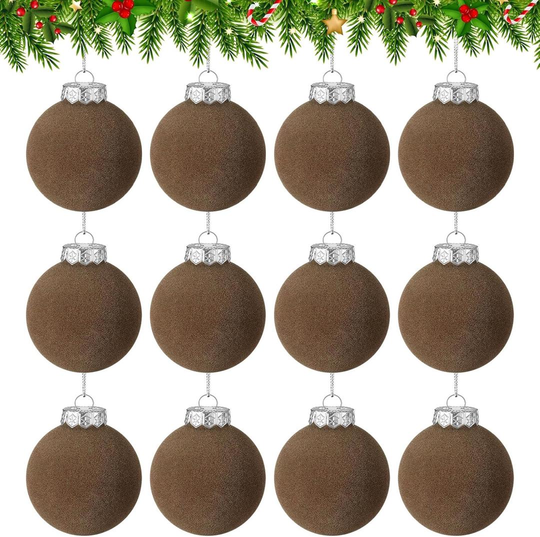 12 PCS Brown Velvet Christmas Balls Ornaments Christmas Tree Decorations 2.4 Inch Flocked Christmas Hanging Balls for Xmas Decorative Hanging Ornaments Party Wedding Family Gathering(Brown)