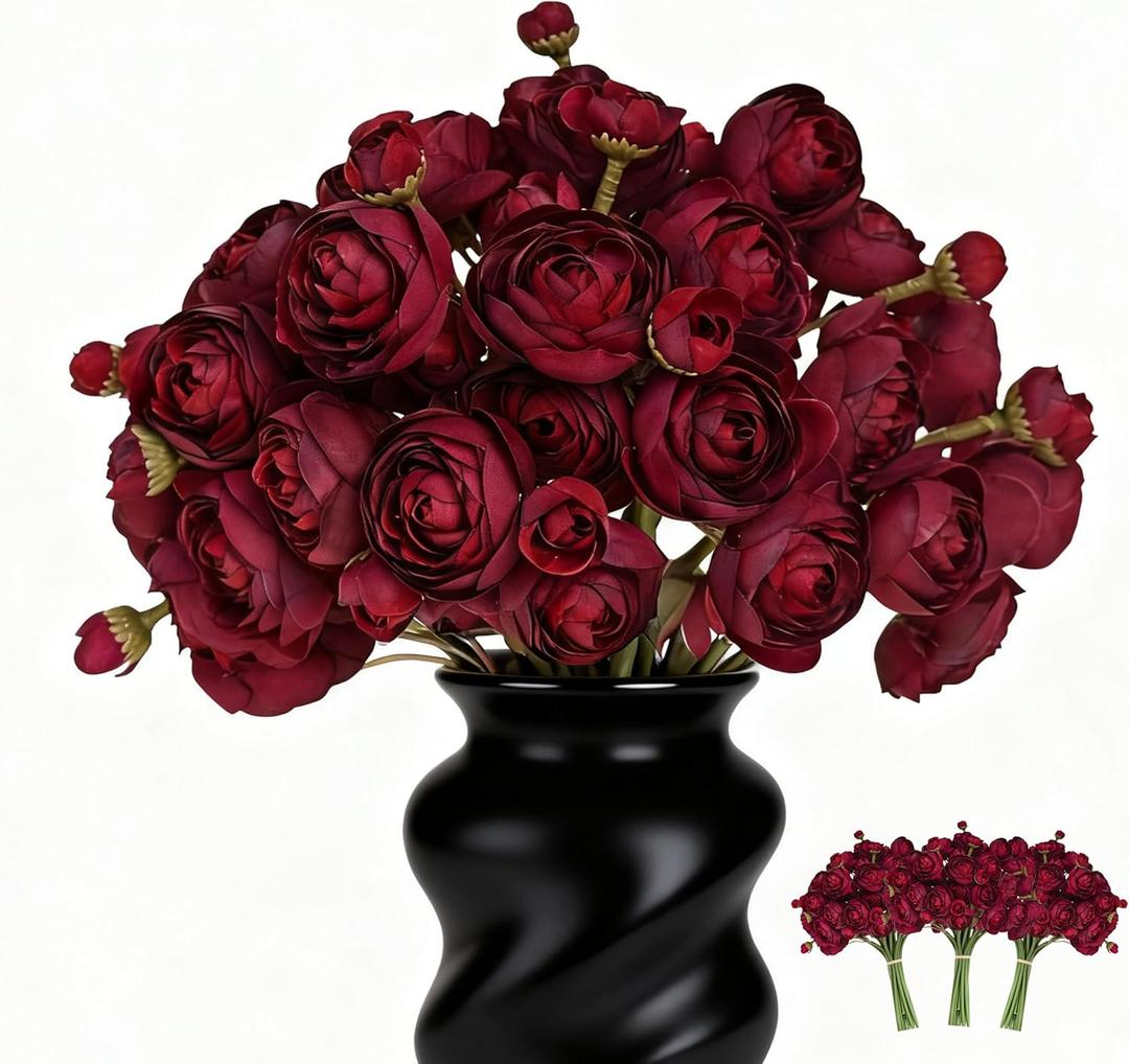 Silk Ranunculus Artificial Flowers Bulk 18PCS - Dark Red Silk Bouquet for Wedding Centerpieces, Bridal Shower, Home Decor Arrangements