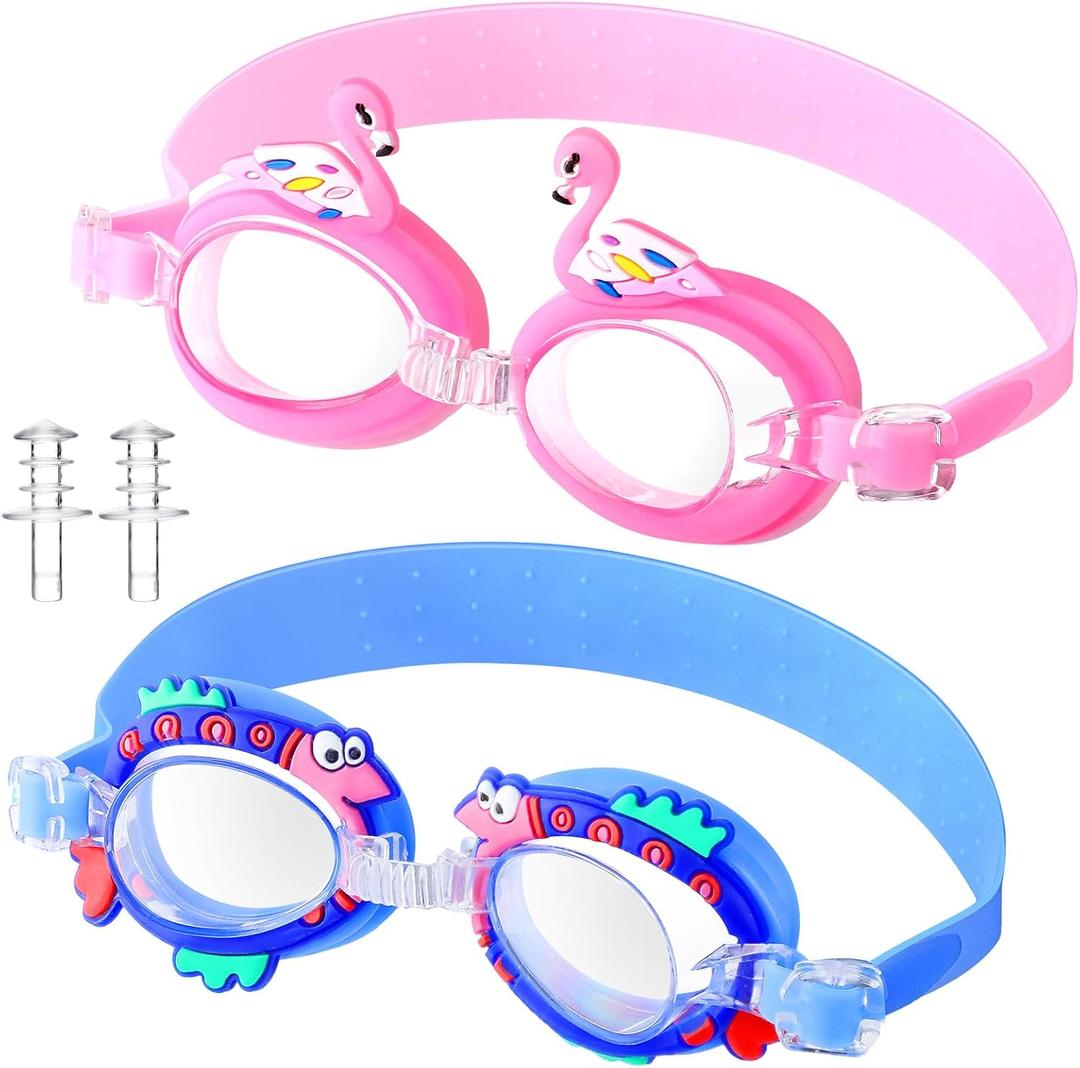 Foaincore 2 Pairs Kids Toddler Swim Goggles Anti Fog UV Swimming Goggles with Ear Plugs for Girls Boys Age 3-9