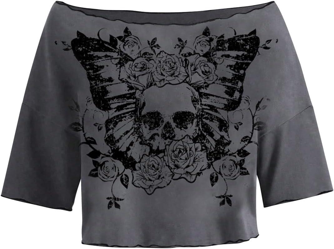 SOLY HUX Womens Y2K Grunge Shirts Short Sleeve Off Shoulder Crop Graphic Tees Goth Skull Tops (Large)