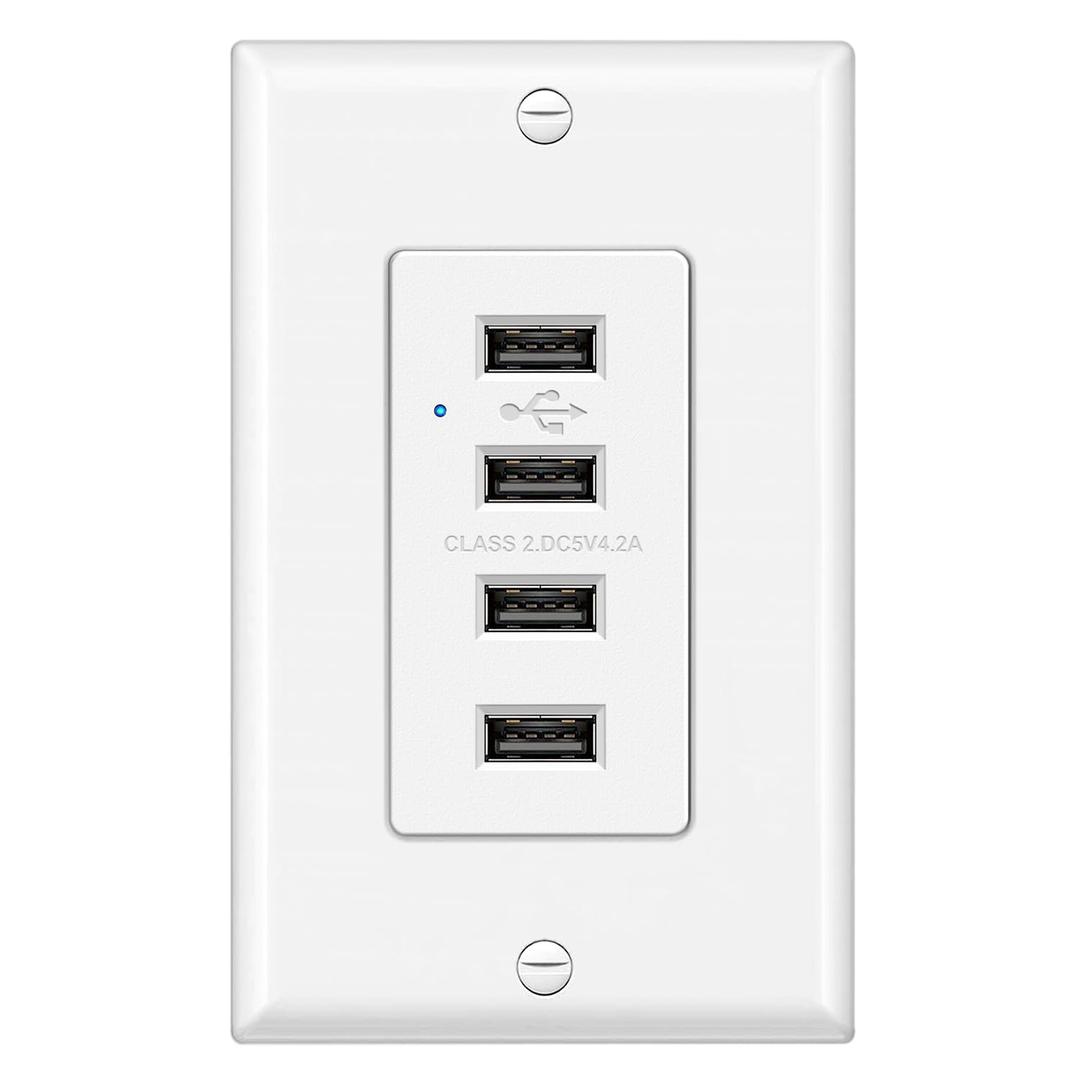 BESTTEN USB Receptacle Outlet, 4.2A/21W High-Speed 4 Port USB Wall Charging Outlet 125VAC Input, Quad Type-A Ports with LED Indicator, Decorator Wall plate Included, UL Listed, White