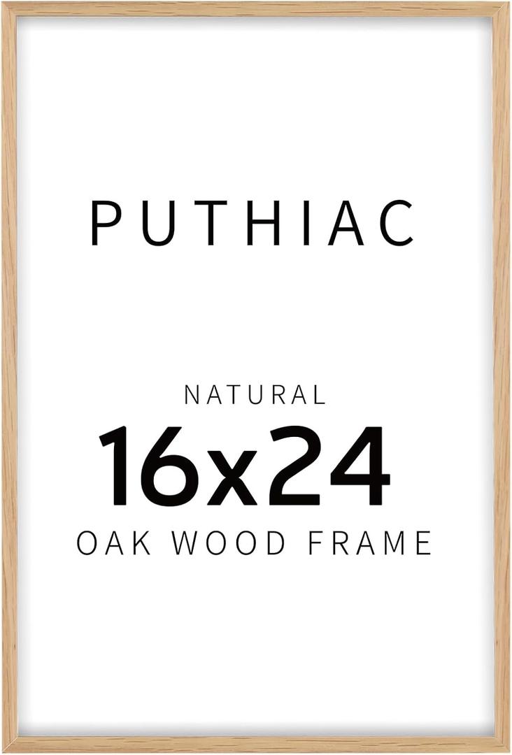 puthiac 16x24 Solid Oak Wood Picture Frame, 16 x 24 Poster Frames for Wall, Vertical or Horizontal, Plexi Front, 1 Pack, Natural Oak