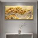 BirdSuite Gold Framed Golden Money Tree Wall Art, 3D Effect Mountain Landscape Canvas Print, Ready to Hang Wall Decor for Living Room Bedroom Office Dining Room Entryway-48 x24