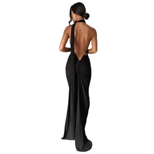 Women's Sexy One Shoulder Backless Maxi Dress Elegant Ruched O Ring Sleeveless Evening Dress Long Gown Cocktail Dress Black L