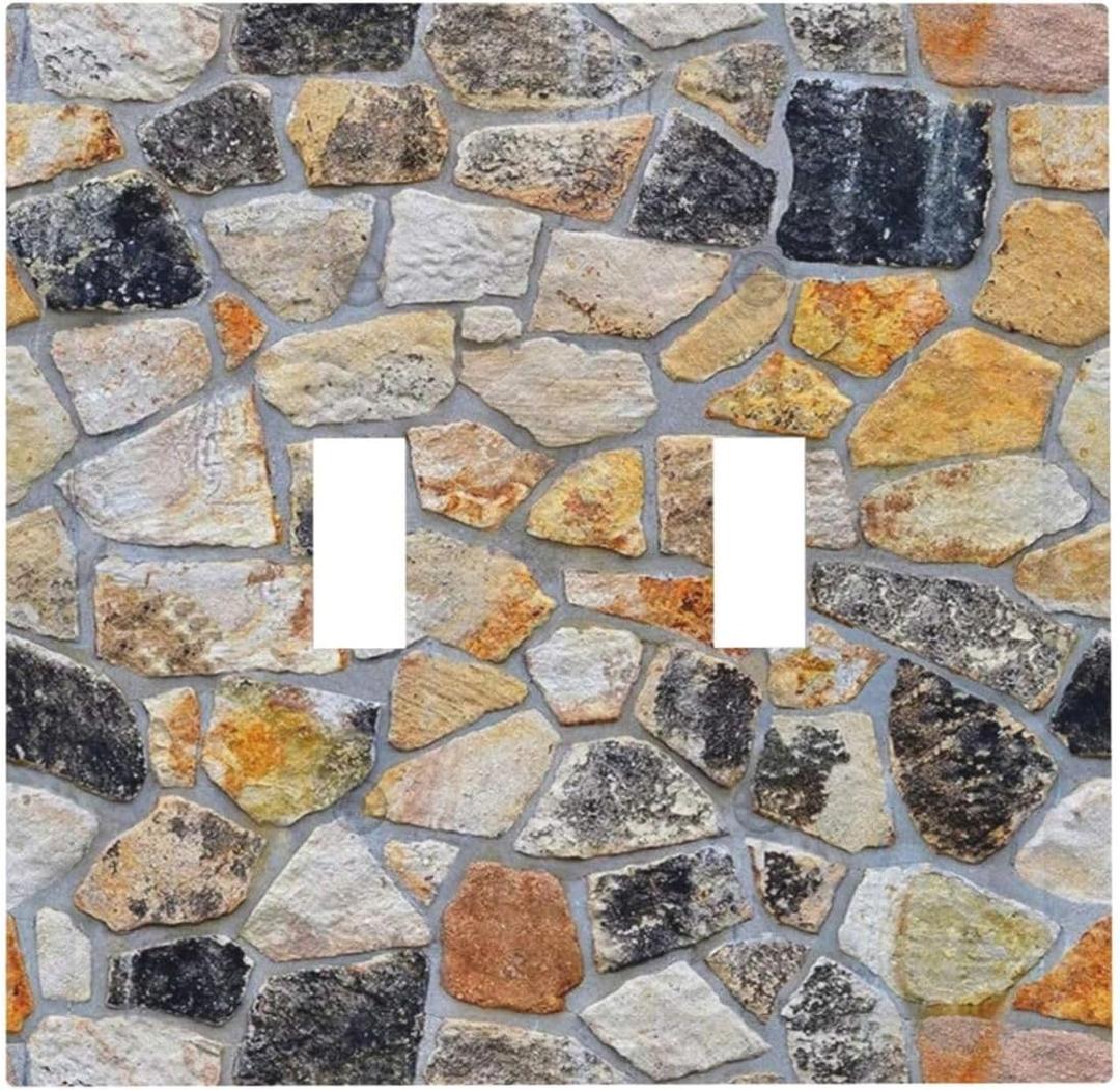 Brown Brick Stone Printed Double Toggle Light Switch Covers Decorative Country Garden 2 Gang Wall Plate Electrical Faceplate Switchplate for Kitchen Bathroom Bedroom Living Room Decor (2-Gang Toggle / 5 x 4.9 IN)