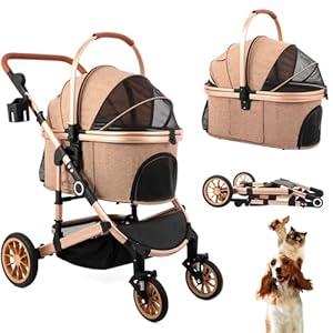 Pet Stroller with 4 Wheels, Foldable Pet Travel Carrier for Small/ Medium Dogs Cats up to 50lbs, Detachble Portable Pet Bag, Storage Basket, Car Seat 3 in 1 Multifunctional (Tan)