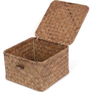 Wicker Shelf Baskets with Lid, Handwoven Seagrass Storage Basket Bins Square Gift Boxes for Shelves Home Decor Organizer (Coffee, X-Small)