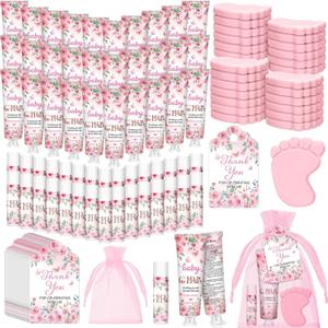 Loopeer 30 Set/150 Pcs Pink Flowers Baby Shower Favors for Guests Gifts Hand Cream Lip Balm Soap Party Favors Gifts Travel Size with Organza Bags, Thanks You Card for Baby Shower Birthday Wedding
