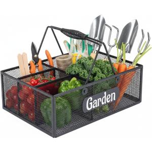 Garden Tool Storage, 4 Compartments Metal Mesh Garden Caddy, Portable Garden Basket with Handles, Gardening Tool Organizer for Indoor and Outdoor, Gardener Gift for Gardening Lovers, Black