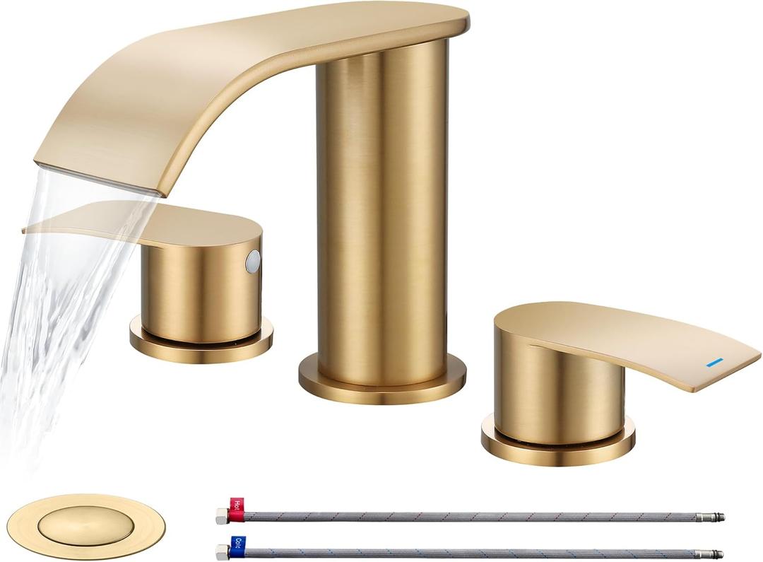 Ultimate Unicorn 8 inch Bathroom Faucet Champagne Bronze, Waterfall Bathroom Sink Faucet with Metal Pop-up Sink Drain Stopper and 2 Supply Hoses, DJS-MP-3JT-CG-PB-C