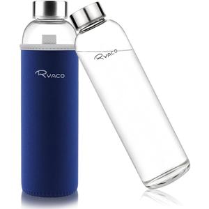 Ryaco Borosilicate Glass Water Bottle 33oz/1L/1000ml BPA-Free Leak Proof Ideal for School Home Office Travel Sport Yoga Gym Hot Cold Drinks with Portable Neoprene Carrying Sleeve and Sponge Brush (Only Case)