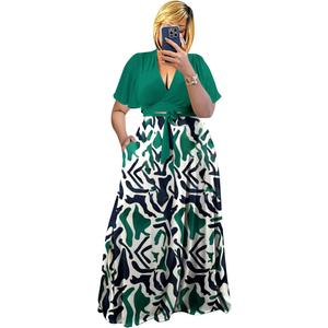 Plus Size Women's 2 Piece Outfits Casual Short Ruffle Sleeve Wrap Crop Top Maxi Long Dress Flowy Matching Sets (2X-Large, 0816-green)