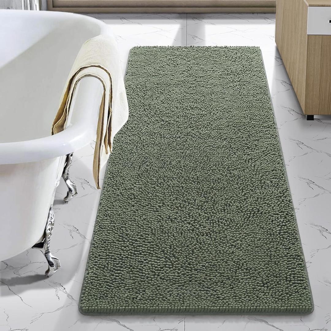 LOCHAS Luxury Bathroom Rug Shaggy Bath Mat 24 x 54 Inch, Washable Non Slip Bath Rugs for Bathroom Shower, Soft Plush Chenille Absorbent Carpets Mats, Sage Green