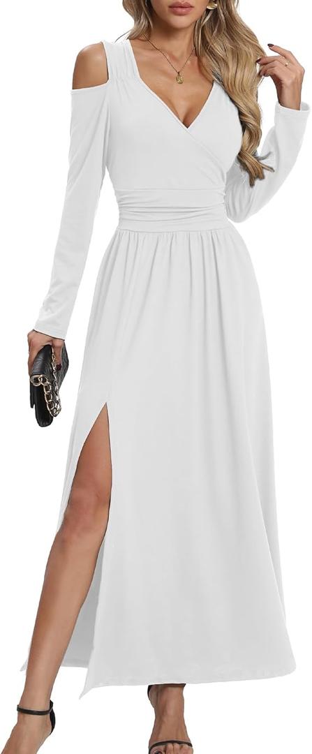 Women Long Sleeve Maxi Dress with Slit Deep V Neck Cold Shoulder Casual Dresses for Women Club Party Dress, Size XXL