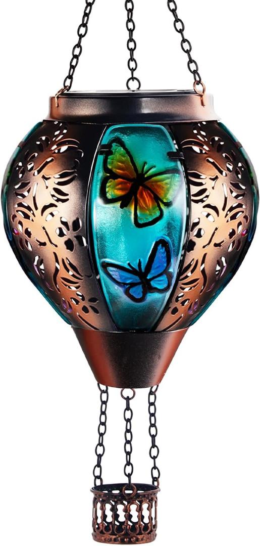 Mothers Day Gifts,Hot Air Balloon Solar Lantern Butterfly Light with Flickering Flame LED Light Outdoor Waterproof Decorative Hanging Lights for Garden Patio Yard Porch Decor for Women Mom