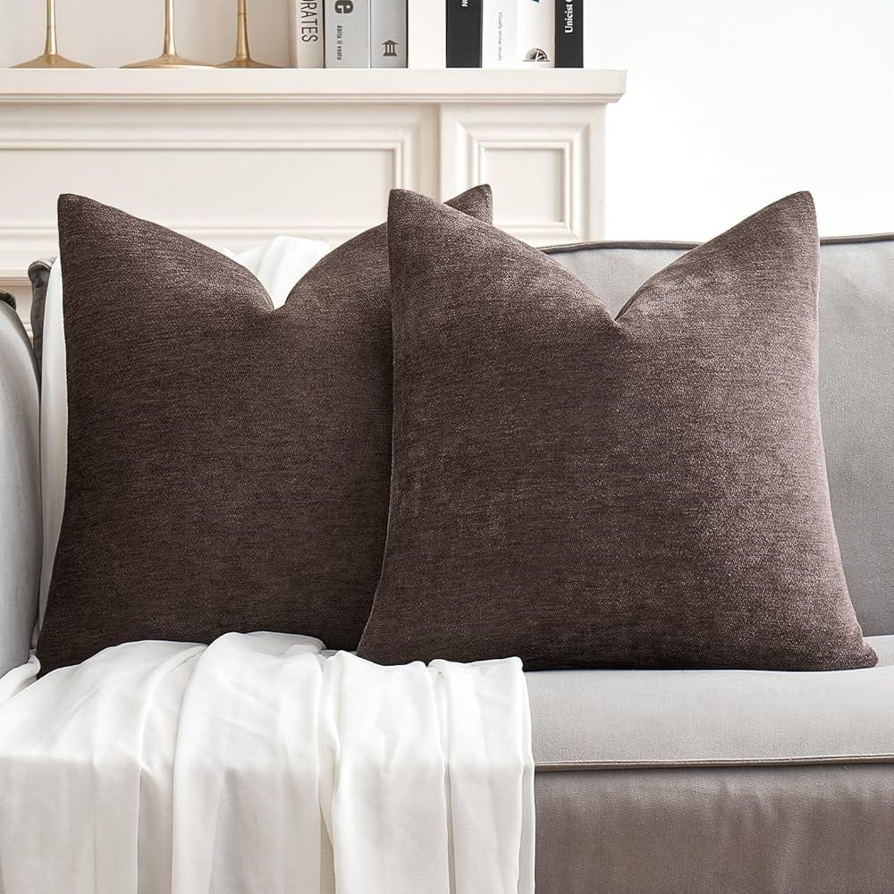 MIULEE Pack of 2 Decorative Throw Pillow Covers Soft Chenille Throw Pillows Solid Neutral Farmhouse Textured Cushion Covers for Couch Sofa Bedroom Living Room 18x18 Inch, Brown
