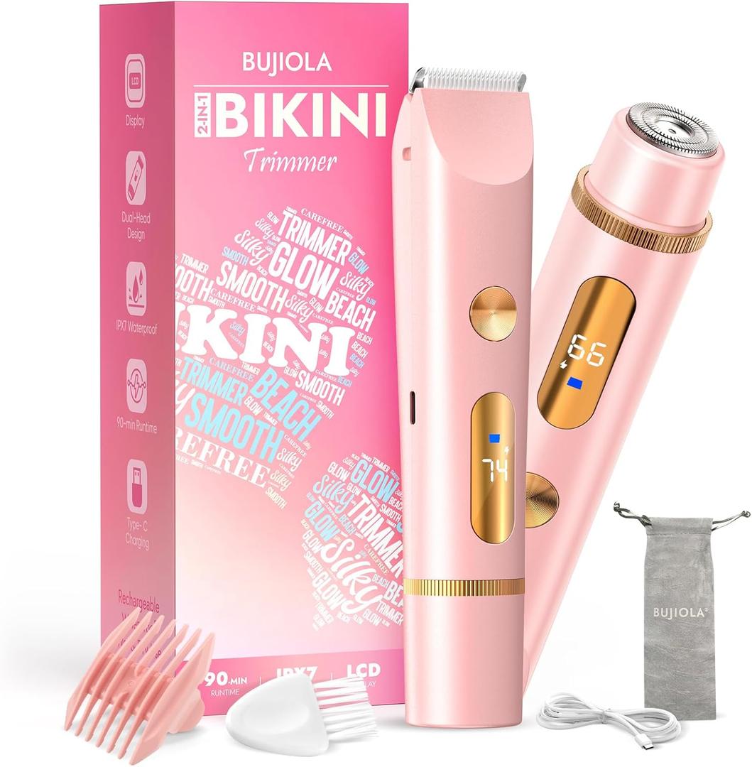 2025 Upgraded Bikini Trimmer for Women, Dual-Head Shaver with LCD Display, Ceramic-Blade Pubic Hair Trimmer, IPX7 Waterproof Wet & Dry Shower Shaver, Travel-Ready Gift Pouch (Light Pink)