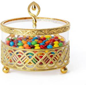 Candy Dish With Lid|Snack tray/plate | Decorative service bowl, 50oz Glass Jar with Gold Base | Kitchen & Pantry Storage | Veggie, Snack, Entertaining