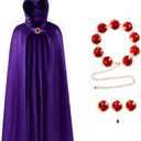 Halloween Costume for Women, 47 Inch Purple Cloak with Hood and Red Waist Belt, Anime Cosplay Accessories for Halloween Party Dress Up
