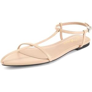Athlefit Flat Sandals for Women Comfortable Buckle Strappy Sandals Pointed Open Toe Ankle Strap Sandals, Size 6