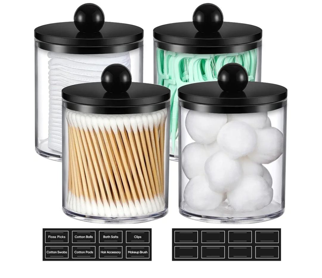 4 Pack Acrylic Qtip Holder Dispenser for Cotton Swabs, Balls, Pads, Floss - Plastic Canister Apothecary Jar Set, Bathroom Essentials Accessories Decor Vanity Makeup Storage Organizer - Clear & Black