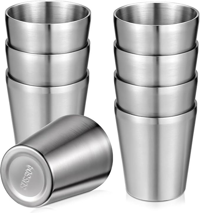 8 Pack Stainless Steel Cups 10 oz Double Wall Metal Cup Vacuum Water Glasses Reusable Silver Camping Mugs for Party Bar Home Restaurant Adults Travel Outdoor