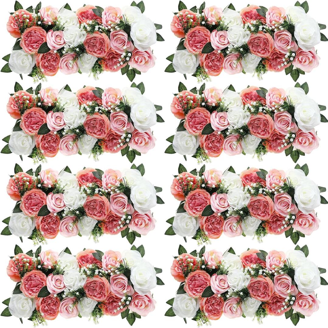 8 Pcs Wedding Arch Artificial Flower Panels Centerpieces for Tables Faux Floral Rose Silk Roses Arrangements Flower for Wedding Wall Party Dinintable Centerpiece Decoration (Pink and White)