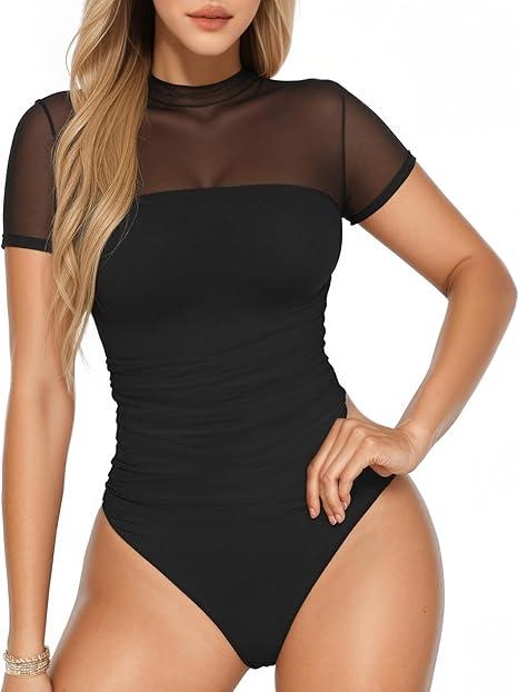 Womens Short Sleeve Bodysuits Mesh Body Suits Turtleneck Bodysuits Date Outfits 2025 Fashion, Extra Large, Black 