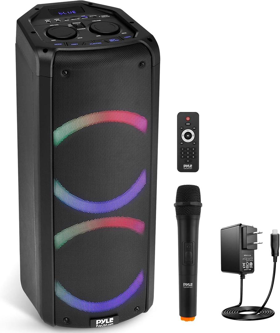 Pyle Remote Karaoke Audio System Portable Bluetooth PA Speaker - 240W Dual 6.5" Rechargeable Indoor/Outdoor BT, TWS, Party Lights, LED Display, FM/AUX/MP3/USB/SD, 6.5mm in, Handle-Wireless Mic
