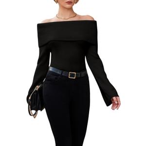 GORGLITTER Women's Off The Shoulder Sweater Long Sleeve Ribbed Knit Pullover Top Trendy Fall Outfits 2025 (L)