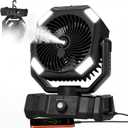 USONE Portable Misting Fan, 5-in-1 Camping Fan Rechargeable, LED Light, Remote & Timer, [Max 48Hrs] Battery Operated Tent Fan with Hook for Patio, Beach, Outdoor, Emergency Backup,Black