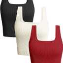 OLCHEE Womens 3 Pack Crop Tank Tops Basic Seamless Ribbed Sleeveless Square Neck Workout Top Summer Exercise Yoga Gym Shirts, XL
