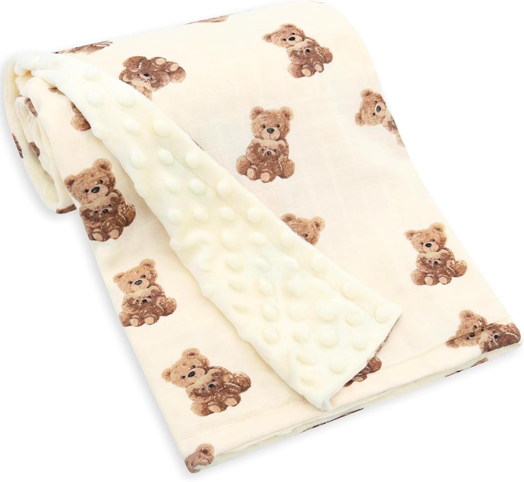 LifeTree Baby Girl & Boy Blankets, Soft Double Layer Swaddle Blankets, Muslin Front and Dotted Fleece Backing Receiving Bed Throw Blanket for Newborn Unisex, 31X40 Inches, Bear Pattern